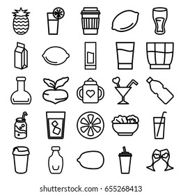 Juice icons set. set of 25 juice outline icons such as beet, lemon, baby bottle, lemon, drink, soda, milk, clink glasses, cocktail, bottle, food