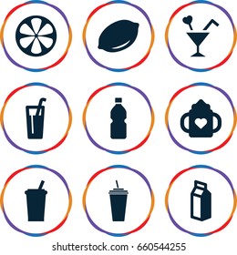 Juice icons set. set of 9 juice filled icons such as lemon, baby bottle, drink, milk, cocktail