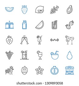 juice icons set. Collection of juice with bar, watermelon, carambola, strawberry, lemonade, pear, cocktail, soft drink, grapes, cocktails, bars. Editable and scalable juice icons.