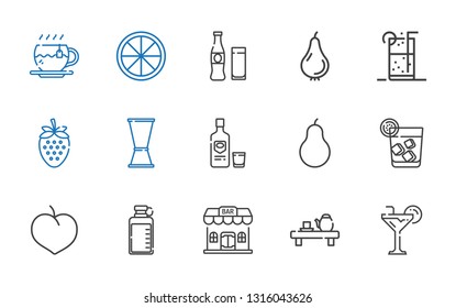juice icons set. Collection of juice with cocktail, tea, bar, bottle, plum, vodka, pear, jigger, strawberry, soft drink, beverage, orange. Editable and scalable juice icons.
