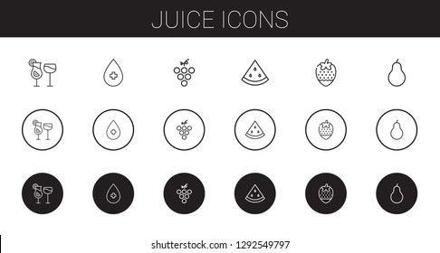 juice icons set. Collection of juice with cocktails, alcohol, grape, watermelon, strawberry, pear. Editable and scalable juice icons.