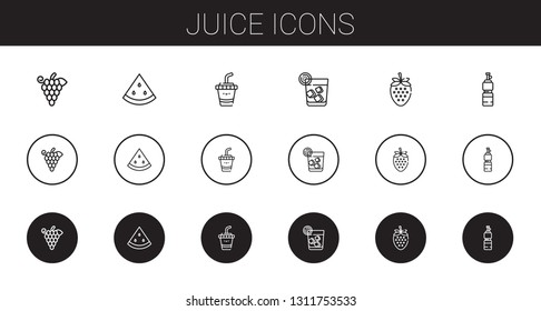 juice icons set. Collection of juice with grapes, watermelon, drink, vodka, strawberry, bottle. Editable and scalable juice icons.