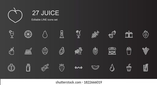 juice icons set. Collection of juice with pear, watermelon, bars, strawberry, bottle, bar, lemonade, papaya, bottles, smoothie, grape, cocktail. Editable and scalable juice icons.