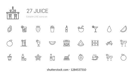 juice icons set. Collection of juice with tea, strawberry, bottles, beverage, carambola, vodka, drink, bar, watermelon, soft drink, orange. Editable and scalable juice icons.