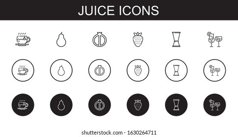 juice icons set. Collection of juice with tea, pear, watermelon, strawberry, jigger, cocktails. Editable and scalable juice icons.