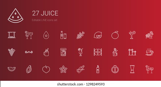 juice icons set. Collection of juice with watermelon, bottle, carambola, plum, papaya, lime, bar, cocktail, fish food, smoothie, bars, grapes. Editable and scalable juice icons.