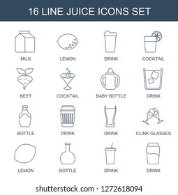juice icons. Trendy 16 juice icons. Contain icons such as milk, Lemon, drink, cocktail, beet, baby bottle, bottle, clink glasses, lemon. juice icon for web and mobile.