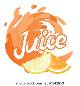 Juice inscription with liquid splash and citrus pieces 