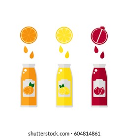 Juice isolated icon on white background. Fruit juice splash into bottles. Orange, lemon, pomegranate. Flat vector illustration design. 