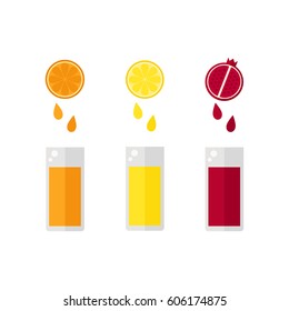 Juice isolated icon on white background. Fruit juice drops into glasses.. Orange, lemon, pomegranate. Flat vector illustration. 