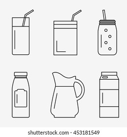 Juice isolated icons on white background. Juice bottle, glass, pack set. Flat line style vector illustration.