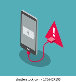 Juice jacking attack symbol with a smartphone and a red USB charging port, isolated on blue background. Flat design, easy to use for your website or presentation.