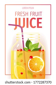 Juice jar with straw, oranges, berries. Detox, Fresh juice, Citruses, Fruits, Natural food, Healthy eating, Cocktail concept. Vector illustration for poster, menu, flyer, banner, cover, advertising