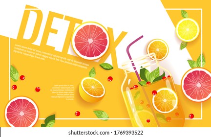 Juice jar with straw, oranges, grapefruits, berries. Detox, Fresh juice, Citruses, Fruits, Natural food, Healthy eating concept. Vector illustration for poster, menu, flyer, banner, cover, advertising