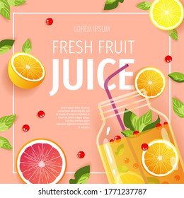 Juice jar with straw, oranges, grapefruits, berries. Detox, Fresh juice, Citruses, Fruits, Natural food, Healthy eating concept. Vector illustration for poster, menu, flyer, banner, cover, advertising