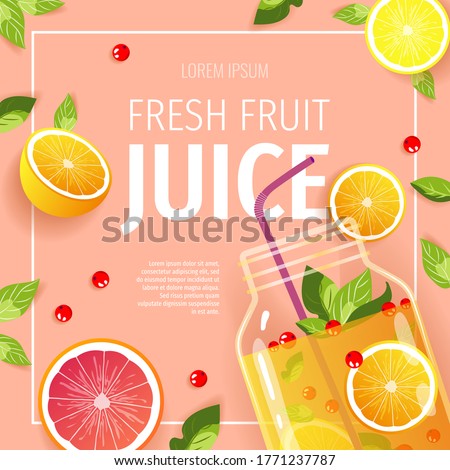 Juice jar with straw, oranges, grapefruits, berries. Detox, Fresh juice, Citruses, Fruits, Natural food, Healthy eating concept. Vector illustration for poster, menu, flyer, banner, cover, advertising