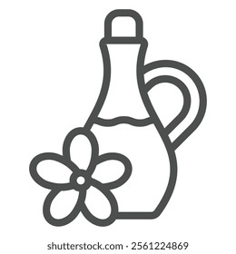 Juice jug with flower line icon, hot summer drinks concept. Vector graphics. Flower and bottle with flavored liquid sign on white background, outline style icon for mobile or web design