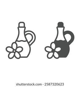 Juice jug with flower line and solid icon, hot summer drinks concept. Vector graphics. Flower and bottle with flavored liquid sign on white background, outline style icon for mobile or web design