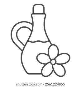 Juice jug with flower thin line icon, hot summer drinks concept. Vector graphics. Flower and bottle with flavored liquid sign on white background, outline style icon for mobile or web design