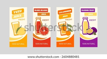 Juice labels. Different juices stickers. Fresh drinks brand emblems. Packaging tags with Yuzu, Blood Orange, Calamondin and Passion Fruit. Vector beverage package badges set.