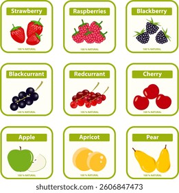 Juice labels, jam and juice labels isolated on white background. Set of realistic labels with berries and fruits. Background image, poster, web banner, vector illustration. Vector.