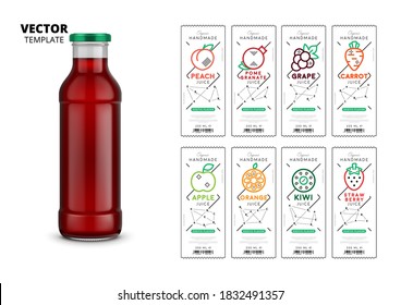 Juice labels set. Isolated pomegranate fruit juice glass bottle and label design icons. Healthy natural drink package sticker collection. Fresh juice vector illustration