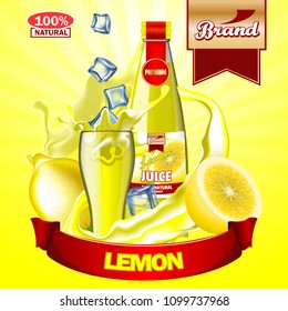 Juice Lemon ads with logo and label. Realistic editable mockup