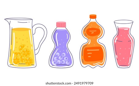 Juice and lemonade water with fresh berry and fruit bottle isolated set. Vector flat graphic design element illustration