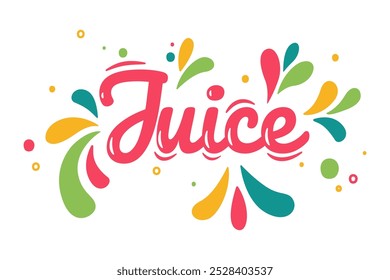 Juice lettering, logo with splash and drops, label for poster, card, emblem, print, badge, groceries, fruit stores, packaging and advertising. Vector illustration