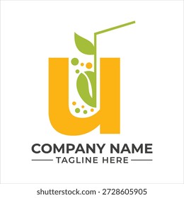 Juice logo with letter u and leaves and bubbles