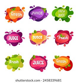 Juice logo liquid abstract drops of fresh juicy badges or logos recent vector templates