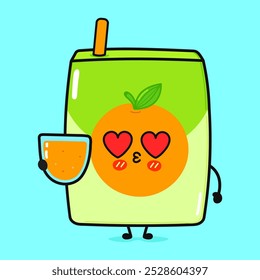 Jugo en el carácter del amor. Icono de ilustración de personaje kawaii de dibujos animados dibujado a mano de Vector. Aislado sobre fondo azul. Concepto de carácter de jugo de naranja
