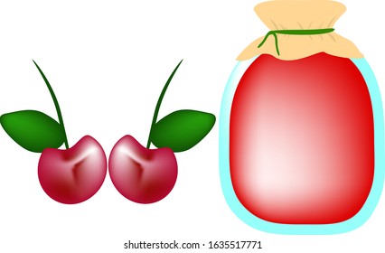 Juice, made from red cherry, 
canned in a large glass jar, next to two cherries with leaves, on a white background