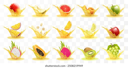 Saft von Mango, Melone, Orange, Pfirsich, Apfel, Passionsfrucht, Banane, Grapefruit, Zitrone, Traube, Papaya, Drachenfrucht, Kiwi. Frische Früchte und Spritzer, 3D realistisches Vektorsymbol-Set