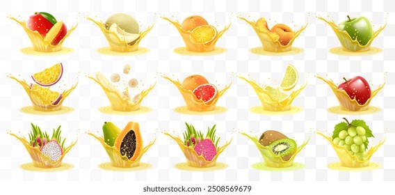 Saft von Mango, Melone, Orange, Pfirsich, Apfel, Passionsfrucht, Banane, Grapefruit, Zitrone, Traube, Papaya, Drachenfrucht, Kiwi. Frische Früchte und Spritzer, 3D realistisches Vektorsymbol-Set