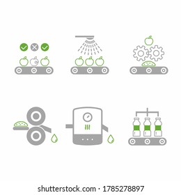 Juice manufacture process. Apple juice production process stages. Washing, sorting, crushing, pasteurization, packaging bottles with juice. Factory producing apple juice from apple flat illustration.