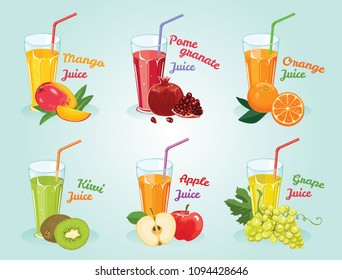 Juice menu. Bright cool drinks in glasses, grapes, apple, orange, pomegranate, mango, kiwi. Vector illustration in flat style. Template for design of bar, restaurant, cafe. Poster, banner.