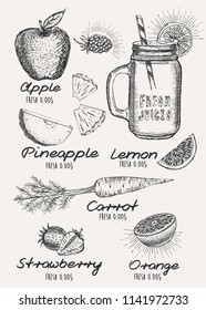 Juice menu, hand drawn. Smoothie.