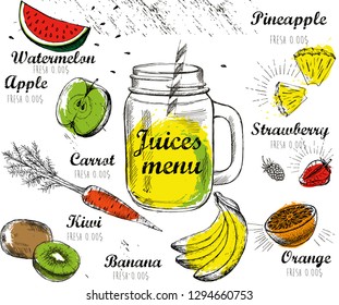 Juice menu, hand drawn. Smoothie. 