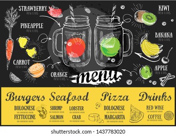 Juice menu, hand drawn. Smoothie. Restaurant cafe menu, template design. Food flyer.