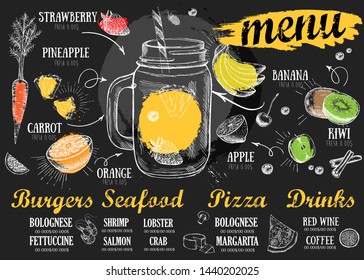 Juice Menu, Hand Drawn. Smoothie. Restaurant Cafe Menu, Template Design. Food Flyer.