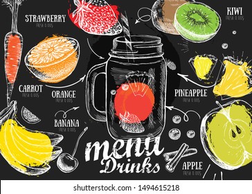 Juice Menu, Hand Drawn. Smoothie. Restaurant Cafe Menu, Template Design. Food Flyer.