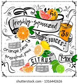 Juice menu placemat drink restaurant brochure, dessert template design. Vintage creative beverage template with hand-drawn graphic. Vector food menu flyer. Gourmet menu board.