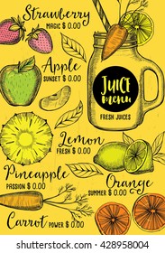 Juice menu placemat drink restaurant brochure, dessert template design. Vintage creative beverage template with hand-drawn graphic. Vector food menu flyer. Gourmet menu board.