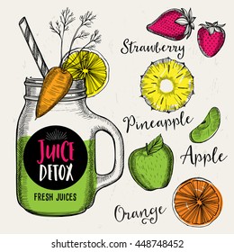 Juice menu placemat drink restaurant brochure, dessert template design. Vintage creative beverage template with hand-drawn graphic. Vector food menu flyer. 