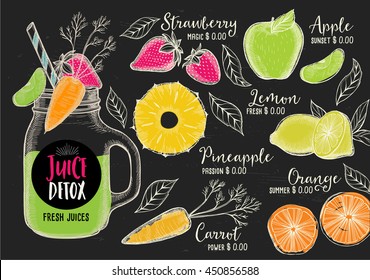 Juice menu placemat drink restaurant brochure, dessert template design. Vintage creative beverage template with hand-drawn graphic. Vector food menu flyer. 