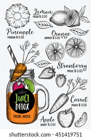 Juice menu placemat drink restaurant brochure, dessert template design. Vintage creative beverage template with hand-drawn graphic. Vector food menu flyer. 