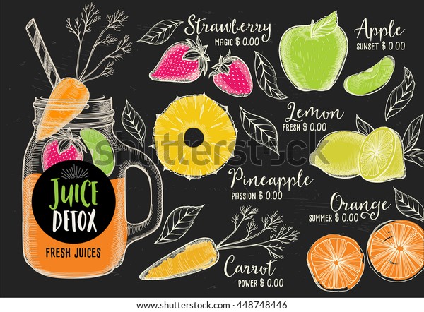Juice menu placemat drink restaurant\
brochure, dessert template design. Vintage creative beverage\
template with hand-drawn graphic. Vector food menu flyer.\
