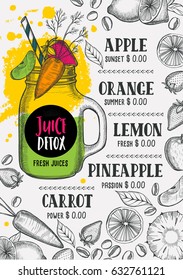 Juice menu for restaurant and cafe. Design template with hand-drawn graphic elements in doodle style.
