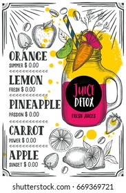 Juice menu for restaurant and cafe. Design template with hand-drawn graphic elements in doodle style.